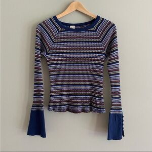 Free People We The Free Donna Striped Rib-Knit Tee Navy Combo, Size M, EUC